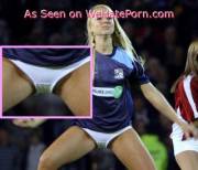 Blonde Cheerleader Has White Panty Cameltoe On Display