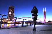 A Cold Morning On Salford Quays. High-Heeled Ankle Boots And Patterned Tights. Dexi ...