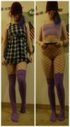 On/Off Mini Plaid Dress, [F]Ishnet Tights And Purple Thigh Highs With Smiles.