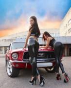 Mustang And Two Babes In Shiny Pants