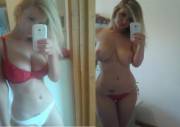 Sexy Blonde With Big Breasts Taking A Selfie With Clothes On, And Then Off.