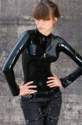 Alexandra Potter In Black Latex Catsuit And Jeans