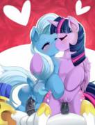 Trixie And Twilight Kissing As They Ride A Couple Stallions [M/F][F/F][Group] (Artist: ...